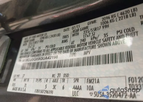 2016 Ford Escape Se z USA, uszkodzony, nr VIN 1FMCU0GX9GUA42198